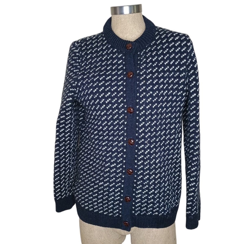 L.L. Bean Navy and White Knit Button-Up Cardigan